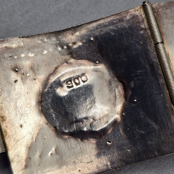 Antique 900 Silver Cannetille Carnelian Cabochon Hinged Panel Bracelet 7" - Picture 9 of 16